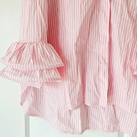 Italian 100% Cotton By Coco Pink White Striped Ruffle Button Up Shirt Size L/XXL - Picture 11 of 15